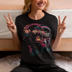Neon Gorilla T-Shirt - Ape Headphones And Sunglasses Shirt, Monkey Night Club Tee, Unisex Clothing