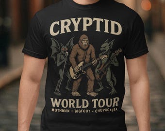 Cryptid World Tour T-Shirt– Mothman Bigfoot Chupacabra Rock Band Tee, Funny Cryptid Shirt, Paranormal Graphic Tee, Sasquatch Gift"