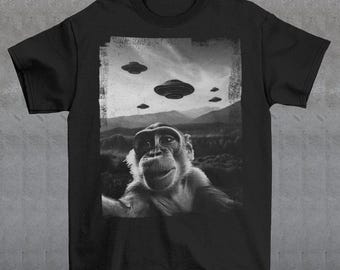Funny Monkey Selfie With UFO's T-Shirt