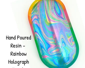 Vassoio in resina olografica arcobaleno colata a mano • Portaoggetti con colori cangianti