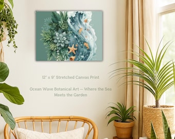 Stampa su tela botanica con onde oceaniche, arte murale con piante grasse costiere