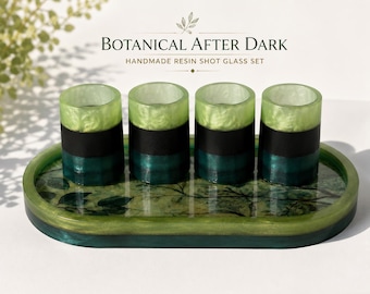 Green Resin Shot Glass Set with Botanical Serving Tray, Set of 4
