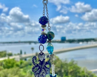 Ciondolo con perline a forma di polpo blu e stella marina – Gancio per specchietto retrovisore auto in stile nautico