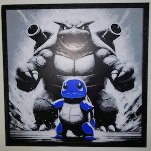 May include: A square framed wall art piece featuring a high-contrast black and white illustration of a large Blastoise standing behind a smaller, vibrant blue Squirtle. The artwork depicts both creatures with dynamic water effects surrounding them.