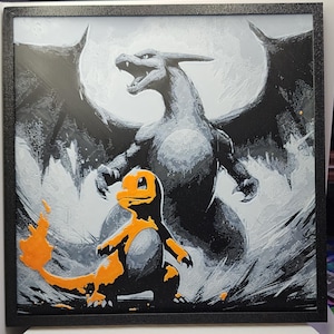 May include: A black and white painting of a large, grey dragon with wings spread wide. A small, orange and white creature stands in front of the dragon.