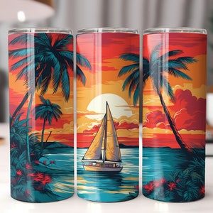 Sommer Strand Tumbler Wrap - Urlaub Print Sublimation Design - 20 Unzen Skinny - PNG-Transfer - Retro-Farben-Kunst - Palmen und Segelboot