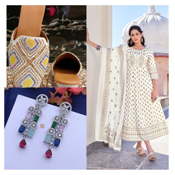 White Rayon Long Anarkali Dress With Earrings Etsy