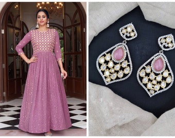 Georgette Pink Gown with classy earrings