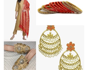 kurta and Pant and dupatta matched with footwear, earrings and bangles