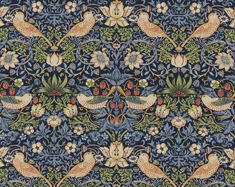 William Morris Fabric STRAWBERRY THIEF - Indigo/Mineral 100% Cotton Archive Prints Collection - Buy Per Metre