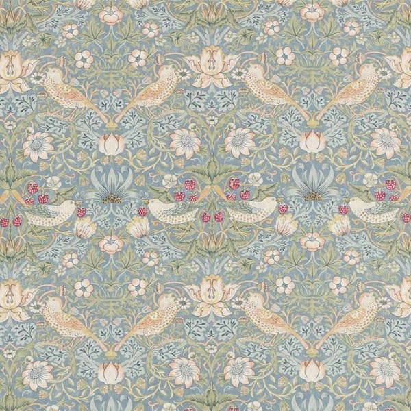 William Morris Fabric STRAWBERRY THIEF - Slate/Vellum 100% Cotton Archive Prints Collection - Buy Per Metre