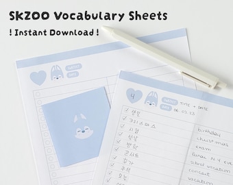 Schede di vocabolario coreano SKZOO / Stray Kids stampabili (download immediato)