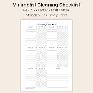 Lista de verificación de limpieza minimalista imprimible / Seguimiento de limpieza de 5 semanas en PDF / Inicio lunes y domingo / A4, A5, Carta (EE. UU.), Media carta