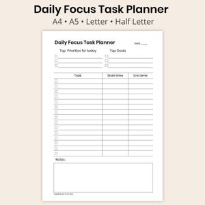 Planificador de tareas diarias con enfoque – PDF en 4 tamaños / Horario con bloques de tiempo + Prioridades y objetivos / Página minimalista imprimible
