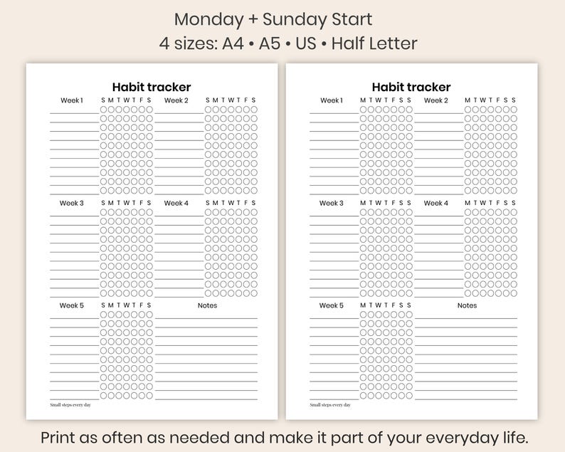 Minimal Habit Tracker Printable – 5-week Monthly Habit Log PDF | Monday ...