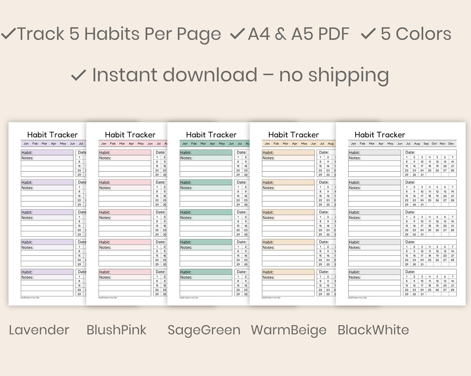 Monthly Habit Tracker Printable – Track 5 Habits per Page | A4 & A5 PDF ...