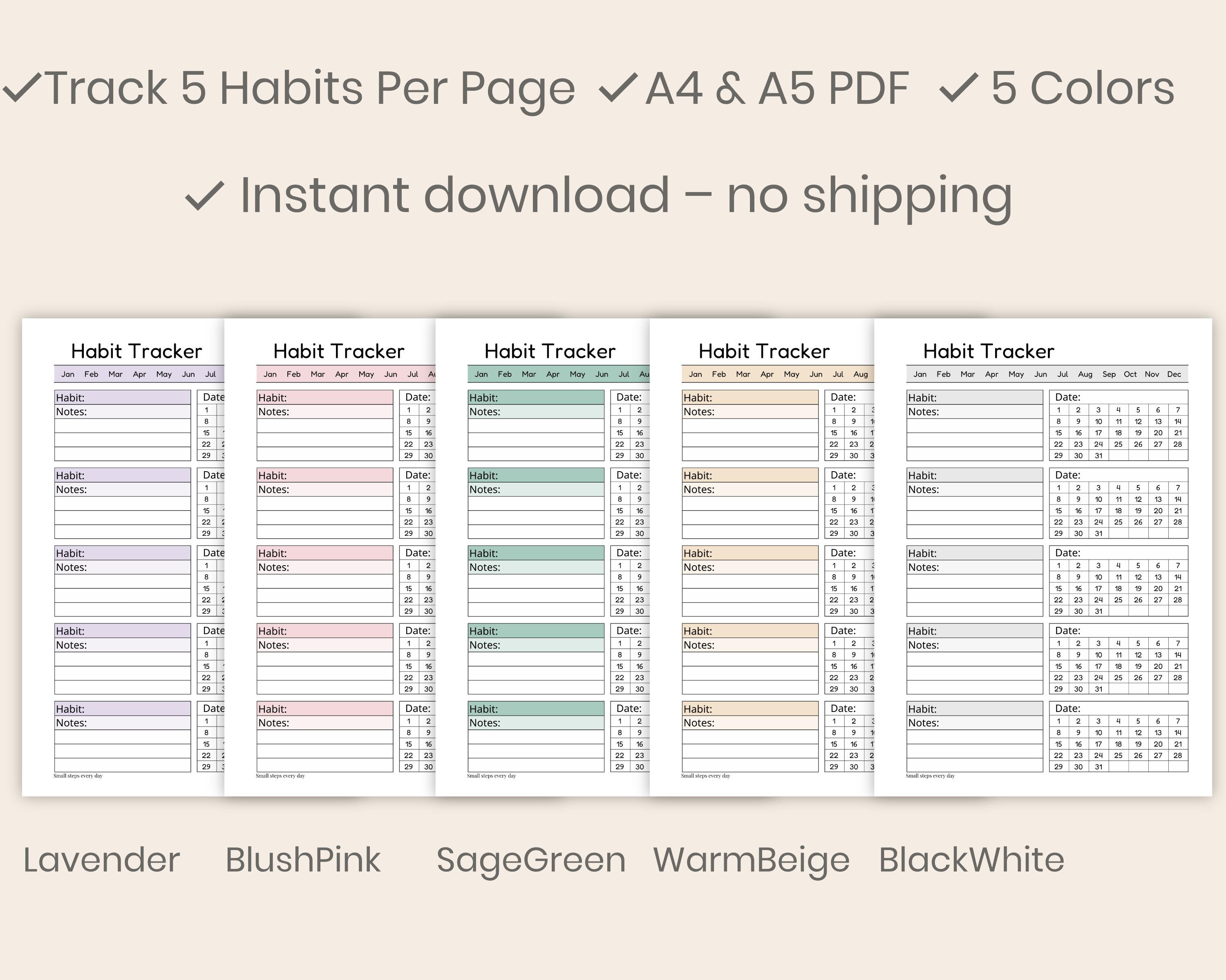Monthly Habit Tracker Printable – Track 5 Habits per Page | A4 & A5 PDF ...