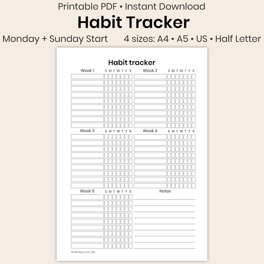 Minimalist Monthly Habit Tracker Printable | 5-week Habit Tracker PDF ...