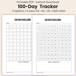 Registro de 100 días imprimible: registro minimalista de hábitos y objetivos, PDF en blanco y negro, tamaño carta (A4, A5, EE. UU., media página)