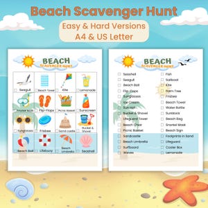 Búsqueda del tesoro en la playa (fácil y difícil): tamaño A4 y carta (EE. UU.)