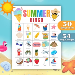 Gioco stampabile del Bingo estivo — 30 carte, biglietti da visita, segnalini, schemi bonus / Pagina intera e mezza / Gioco divertente per feste per bambini in formato PDF