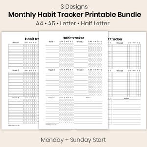 Paquete imprimible de registro mensual de hábitos: 3 diseños / Registro de hábitos de 5 semanas en PDF / Formato A4, A5, tamaño carta (EE. UU.) / Inicio en domingo y lunes