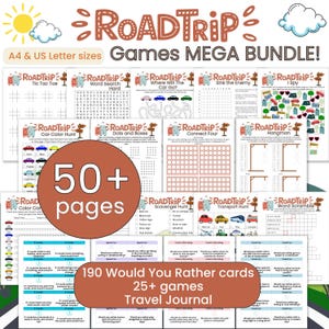 Road Trip Spiele druckbares Bundle, 50+ Auto Reise Aktivitäten, Reisejournal, 190 Möchten Sie lieber Karten, Kinder Reisespiele, A4 US Letter