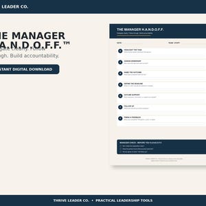 May include: A digital management template titled THE MANAGER H.A.N.D.O.F.F. featuring sections for date, team, and staff. It includes an acronym-based checklist for delegating tasks, defining outcomes, setting deadlines, and providing feedback.
