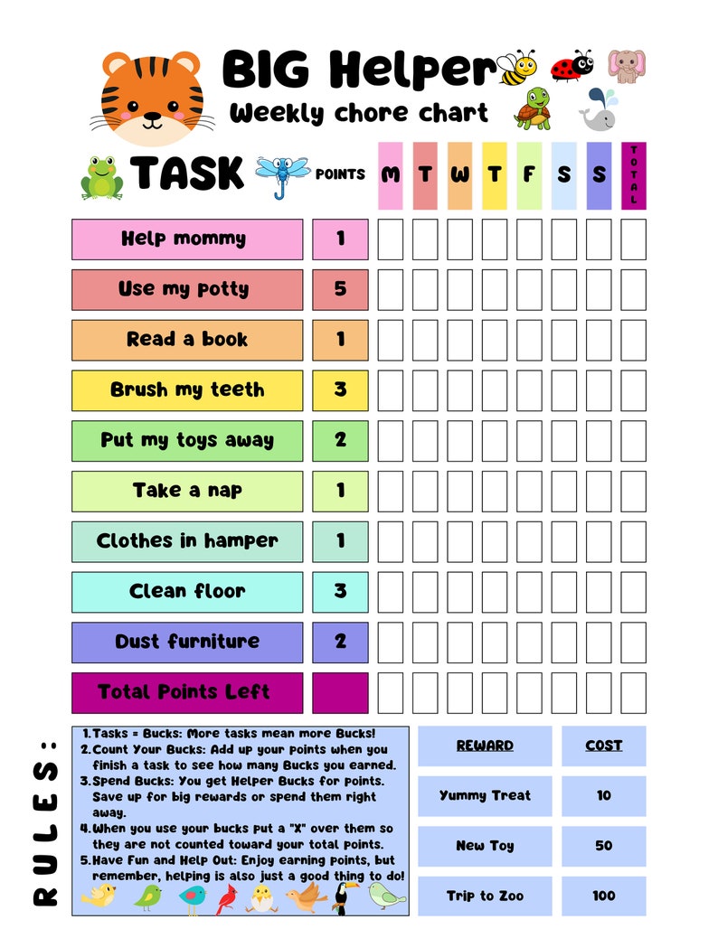 Chore Chart Responsibility Chart Toddler Animal Theme Etsy