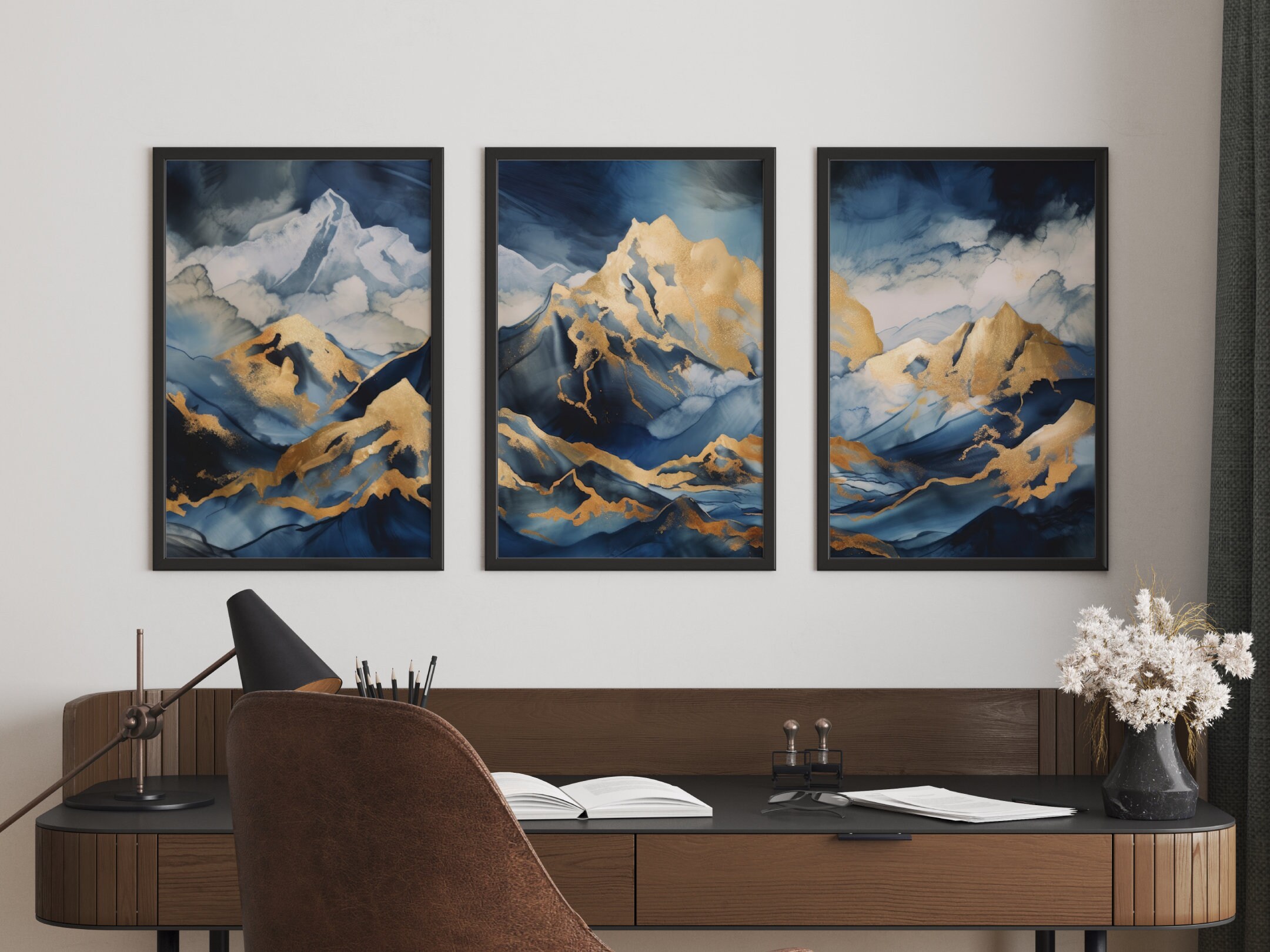 Blue and Gold Mountain Wall Art Digital Download Printable Wall Art