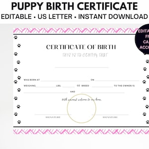 Bewerkbare schattige puppy geboorteakte, geboorteakte voor nieuwe pup