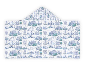 Kids Hooded Beach Towel Newport RI, Coastal Toile Hooded Towel, Kids Poncho Towel, Preppy Kids Beach Cover Up, Summer Pool Towel