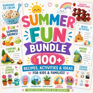 Op de afbeelding: Een kleurrijke afbeelding die een "Summer Fun Bundle" promoot met recepten, activiteiten en ideeën voor kinderen en gezinnen. De afbeelding bevat illustraties van ijs, drankjes, kamperen, strandactiviteiten, wandelen en meer. Tekst bevat "100+" en "Make Every Summer Day Amazing!"