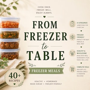 Könnte beinhalten: Ein Stapel aus vier durchsichtigen Kunststoffbehältern mit verschiedenen Lebensmitteln neben Text, der FROM FREEZER to TABLE FREEZER MEALS, COOK ONCE. FREEZE WELL. ENJOY ALWAYS. 40+ RECIPES lautet, sowie Merkmale wie 8 Kategorien und gefriergeeignet.