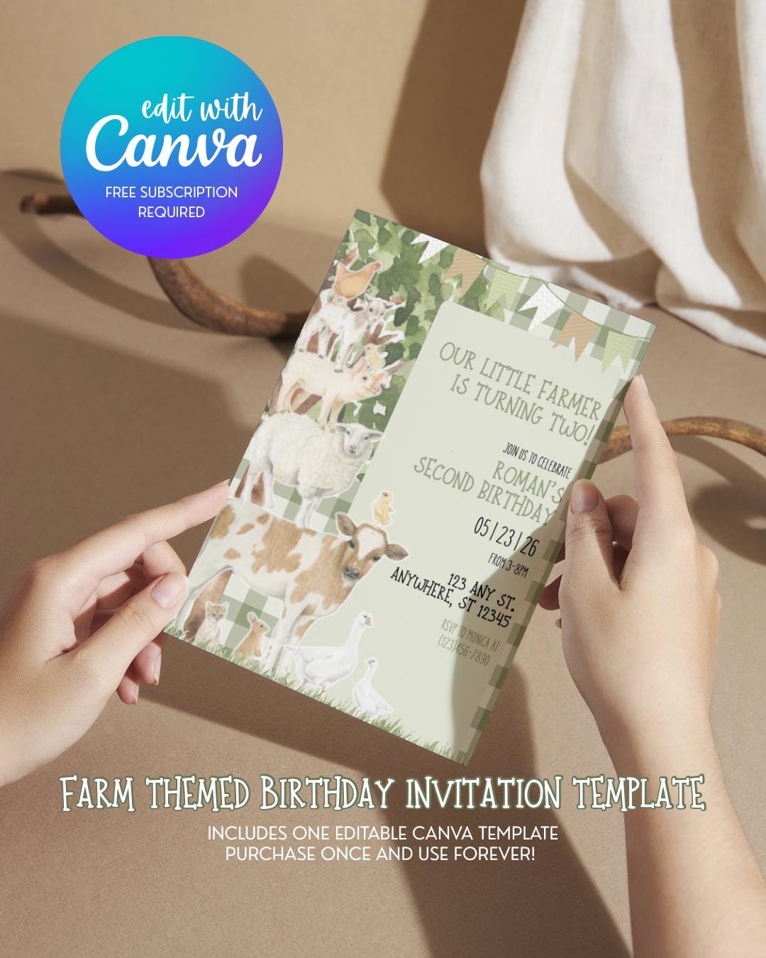 Watercolor Farm Animals Birthday Invitation | Editable Canva Template ...