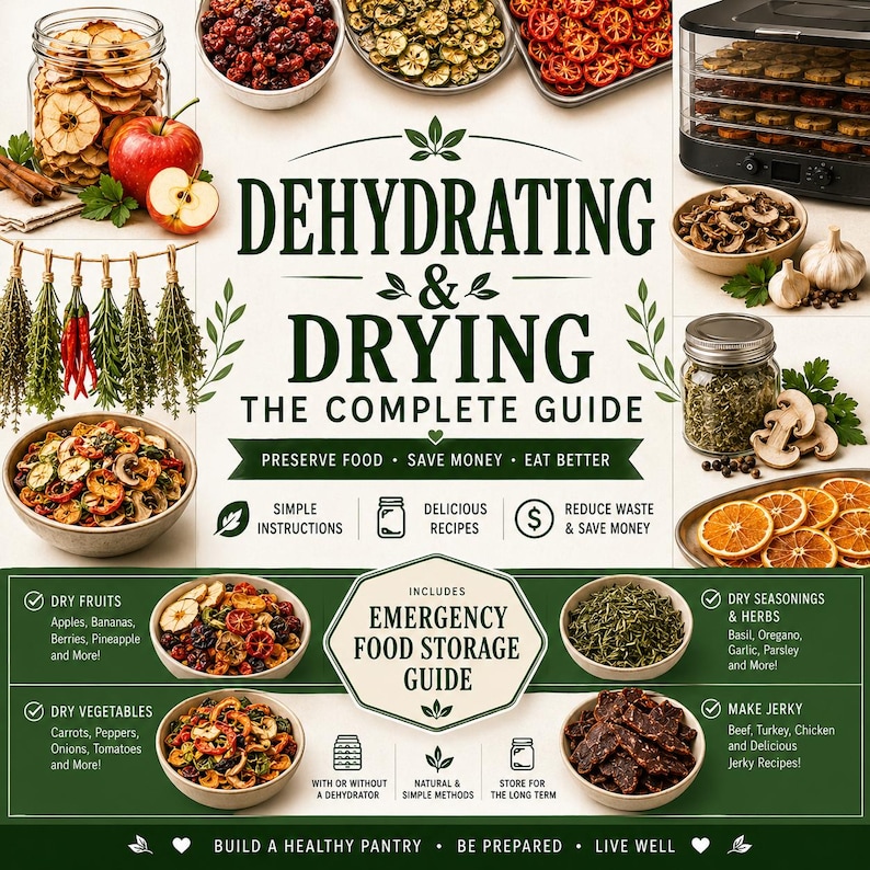 May include: A book cover titled Dehydrating & Drying The Complete Guide featuring images of dried fruits, vegetables, herbs, and jerky, a food dehydrator, and text detailing instructions, recipes, and an emergency food storage guide.