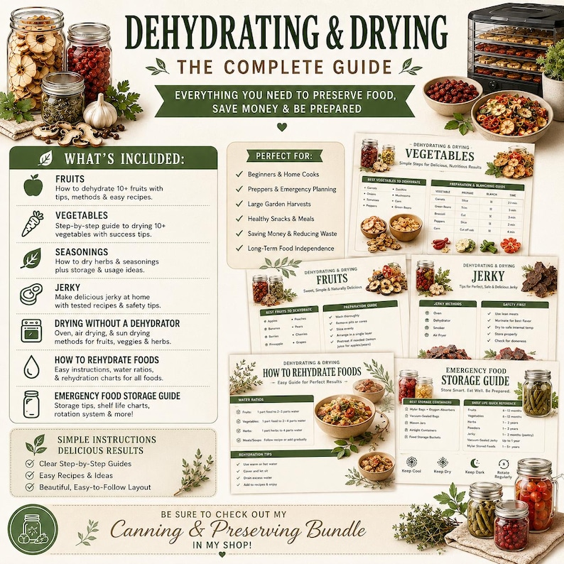 May include: A comprehensive guide titled Dehydrating & Drying featuring instructional text, icons, and charts for preserving fruits, vegetables, seasonings, and jerky. The layout includes sections on methods, rehydration, and emergency food storage.