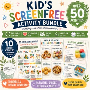 Op de afbeelding: Een kleurrijke afbeelding die een Kid's Screenfree Activity Bundle promoot. De afbeelding bevat tekst, illustraties en voorbeelden van activiteiten, snacks en doe-het-zelf gidsen. De bundel belooft meer dan 50 activiteiten, perfect voor alle leeftijden.