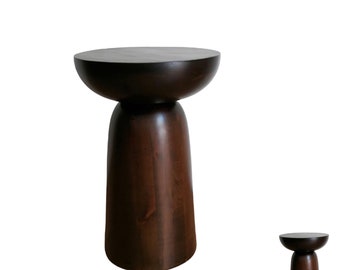 African wooden stool, Black round modern minimalist furniture, Carved dark wood drum chair, Brown walnut mushroom side table, Gift For Her