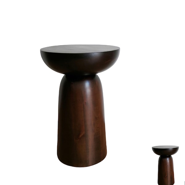 African wooden stool, Black round modern minimalist furniture, Carved dark wood drum chair, Brown walnut mushroom side table, Gift For Her
