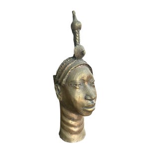 Benin Bronze Sculpture, Authentic African Art, Lost-Wax Cast Decorative Piece, Pure Metal Bust Vintage Tribal Head Statue, Edo Nigeria Art