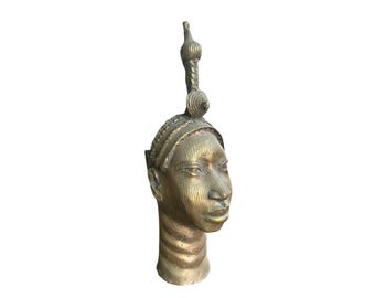Benin Bronze Sculpture: Vintage Edo Nigeria Tribal Head Statue