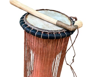 Traditional Talking Drum with wooden striker, Hardwood 17inches, African Musical Instrument, Antique Yoruba talking Drum, Kalangu