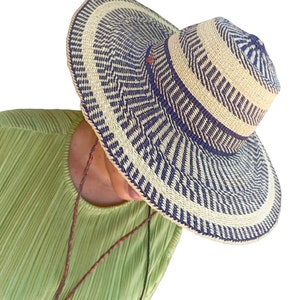 Africa Straw Hat, Blue Beige Striped Wide Brim Woven Sunhat,  Summer hat with adjustable Leather strap, Unisex