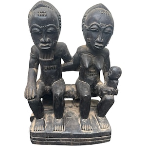 Authentic African Sculpture, Ghana Fanti Couple and Child, Handcrafted Wooden Tribal Art