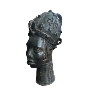 Benin Bronze Sculpture, Authentic African Art, Lost-Wax Cast Decorative Piece, Pure Metal Bust Vintage Tribal Head Statue, Edo Nigeria Art
