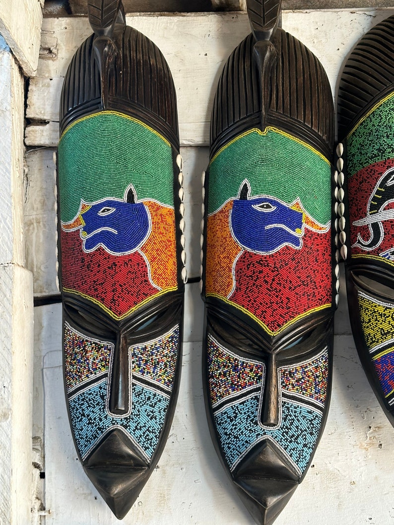 Beaded Tribal Wall Mask, Hand Carved Wooden Wall Decorative Art