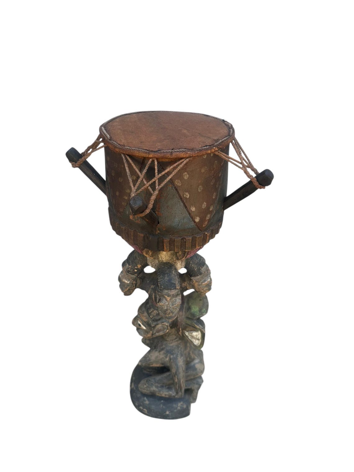 Vintage Yoruba Drum - Hand-Carved African Figural   Art, Nigerian, foto 3 di 5