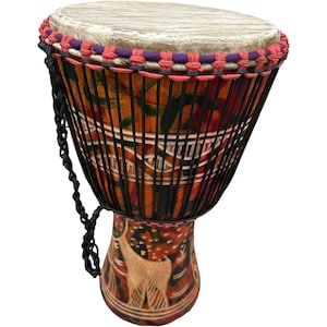 Tambor djembé, tambor africano alto de 25 pulgadas de largo x 13 pulgadas de ancho, madera maciza pura, tambor tallado a mano, instrumento musical colorido, ecológico, regalo único