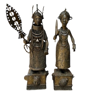 Nigerian Benin Bronze Sculpture, Authentic African Art, Lost-Wax Cast Decorative Piece, Pure Metal Bust Vintage Tribal Couple Statue Edo